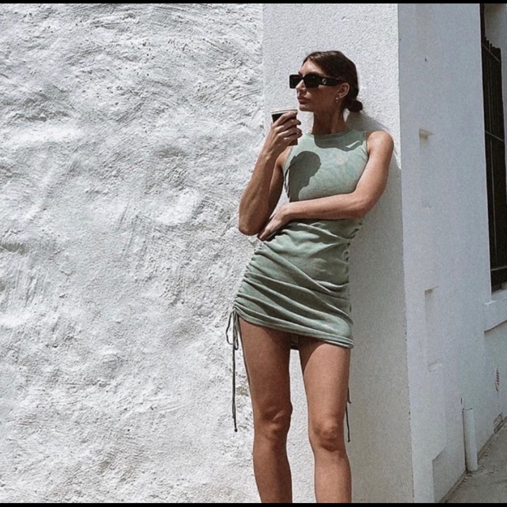Lioness Ruched Dress in color sage